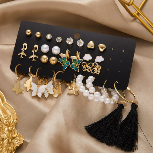 Vintage Geometric Gold Color Hoop Earrings Set Imitation Pearls Acrylic Butterfly Heart Dangle Drop Earrings Trend Jewelry Gifts