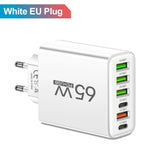 Total 65W 6 in 1 4 USB 2 Type C Quick Charging Fast Wall Charger For iPhone Samsung Xiaomi Huawei Oppo Mobile Phone Adapter