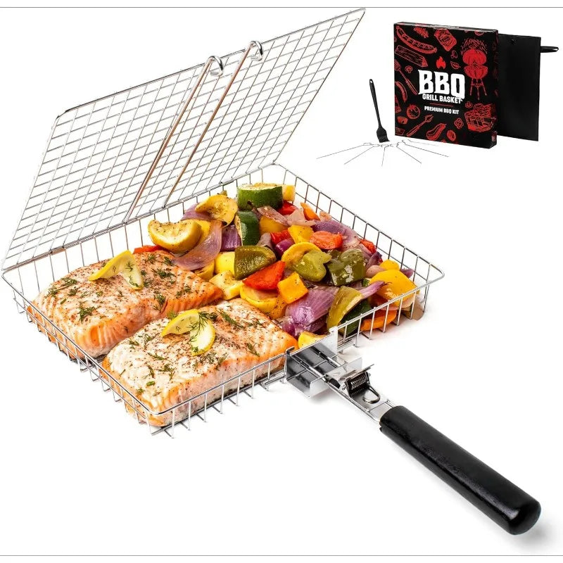 Portable  Stainless Steel Folding Grill Basket BBQ Grill Basket With Handle for Fish Vegetables Shrimp Cook Accessories Outdoor