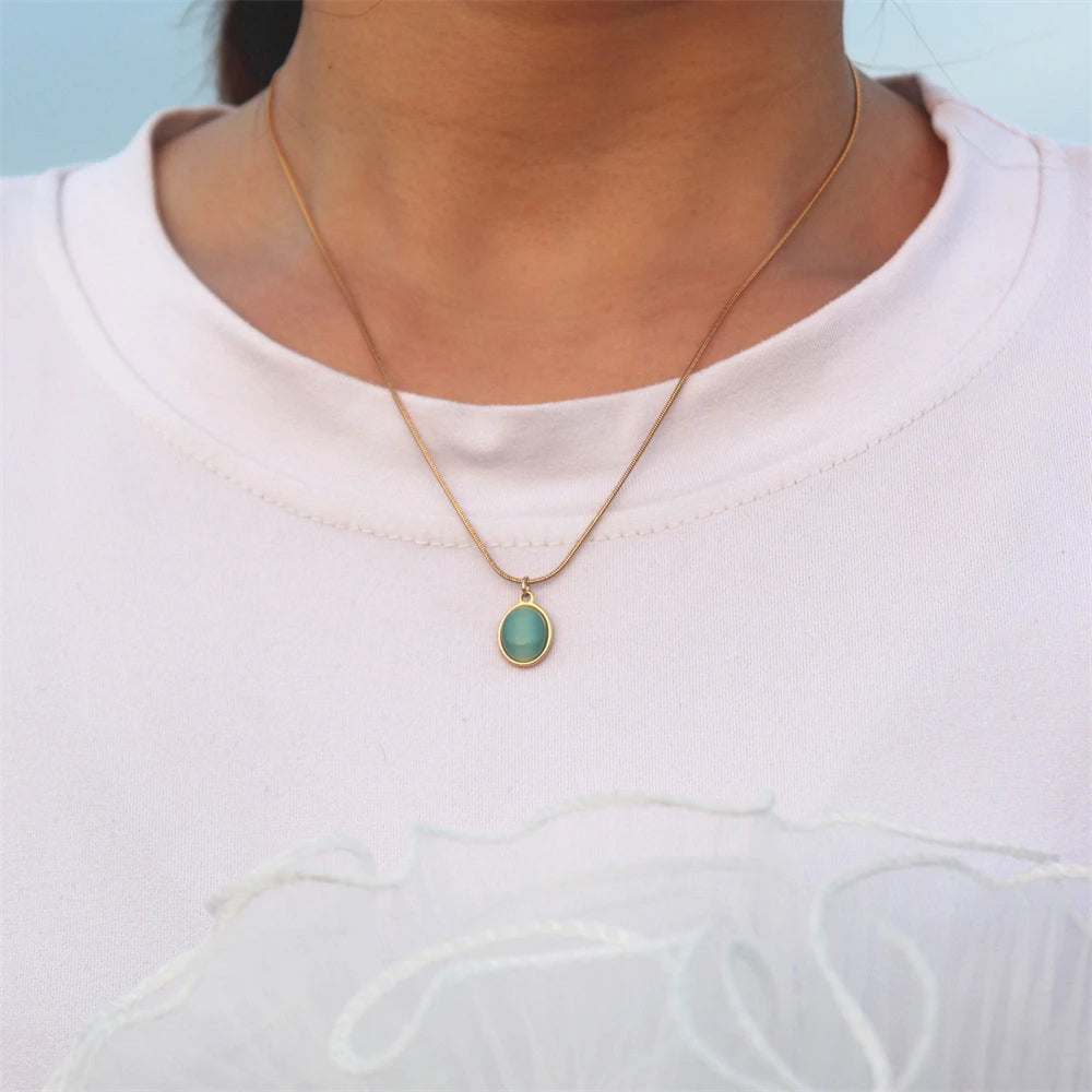 Pink Green Blue Opal Oval Pendant Necklace Elegant Snake Chain Choker Stainless Steel Necklace For Women Jewelry BFF