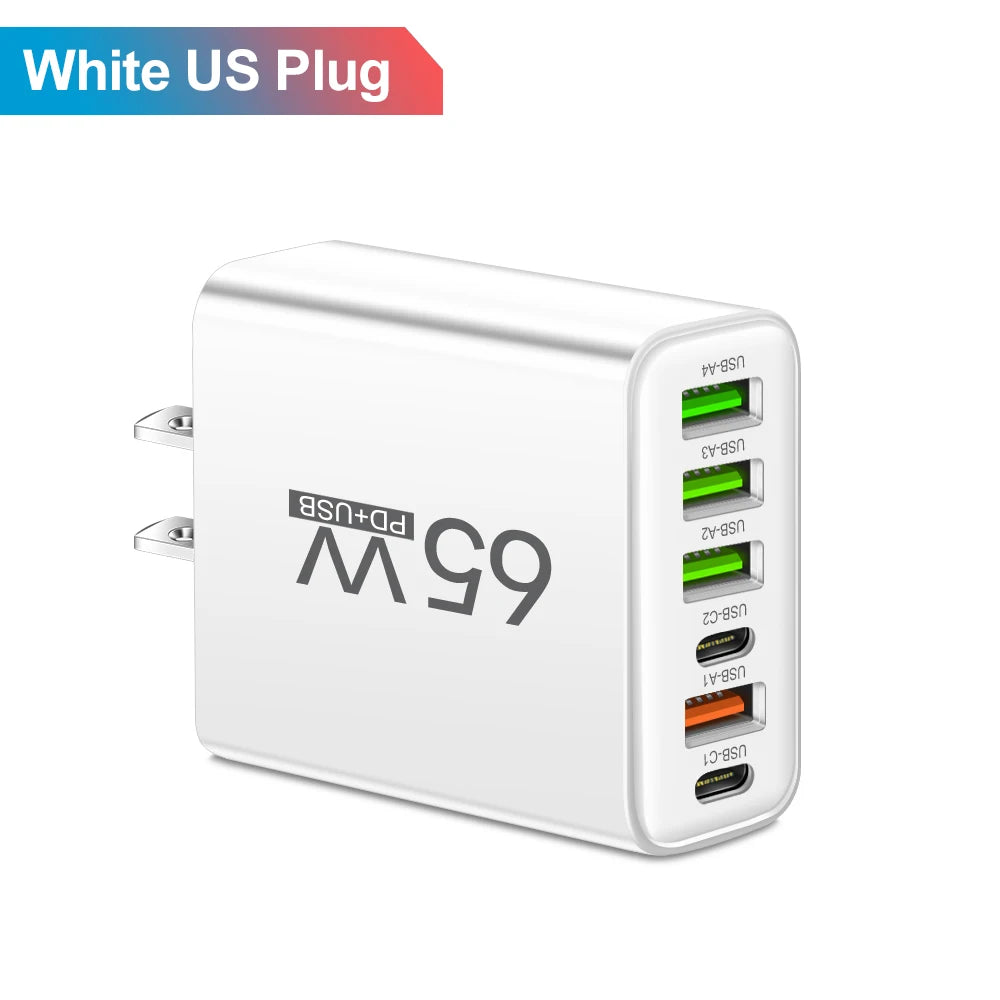 Total 65W 6 in 1 4 USB 2 Type C Quick Charging Fast Wall Charger For iPhone Samsung Xiaomi Huawei Oppo Mobile Phone Adapter