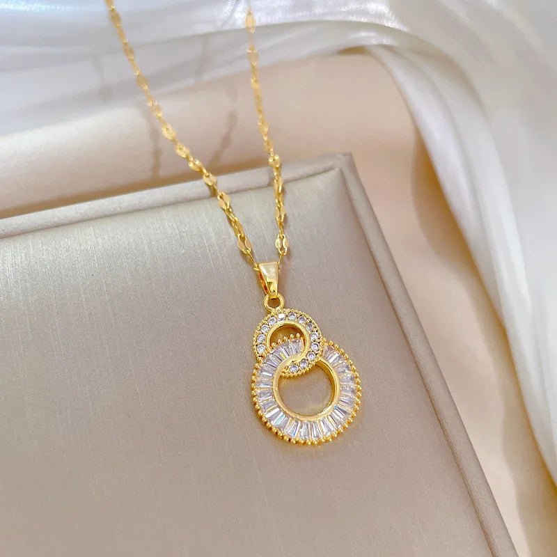 ZAKOL Classic Gold Color Stainless Steel Necklace For Women Shiny Zircon Geometric Heart Pendant Necklaces Jewelry Gift