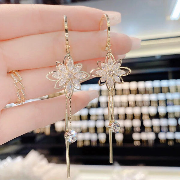 Luxury Crystal Flower Tassel Drop Earrings for Women Shiny Zircon Opal Long Dangle Earrings Girls Party Wedding Jewelry Gift