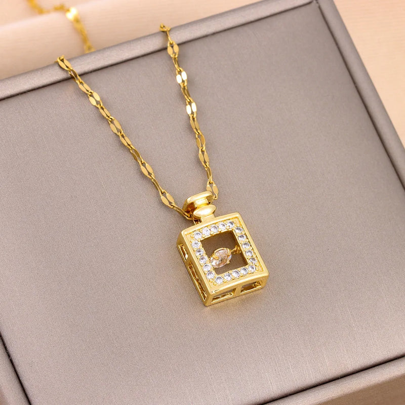 ZAKOL Classic Gold Color Stainless Steel Necklace For Women Shiny Zircon Geometric Heart Pendant Necklaces Jewelry Gift