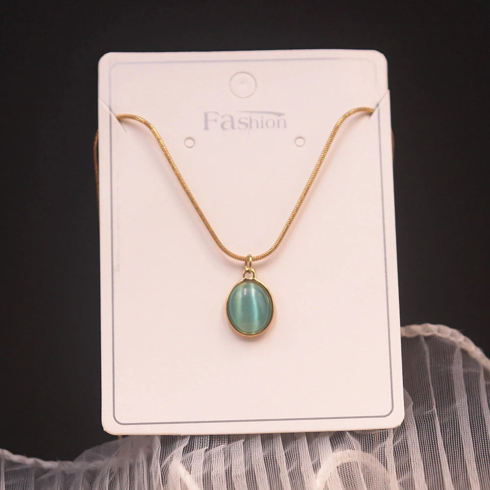 Pink Green Blue Opal Oval Pendant Necklace Elegant Snake Chain Choker Stainless Steel Necklace For Women Jewelry BFF
