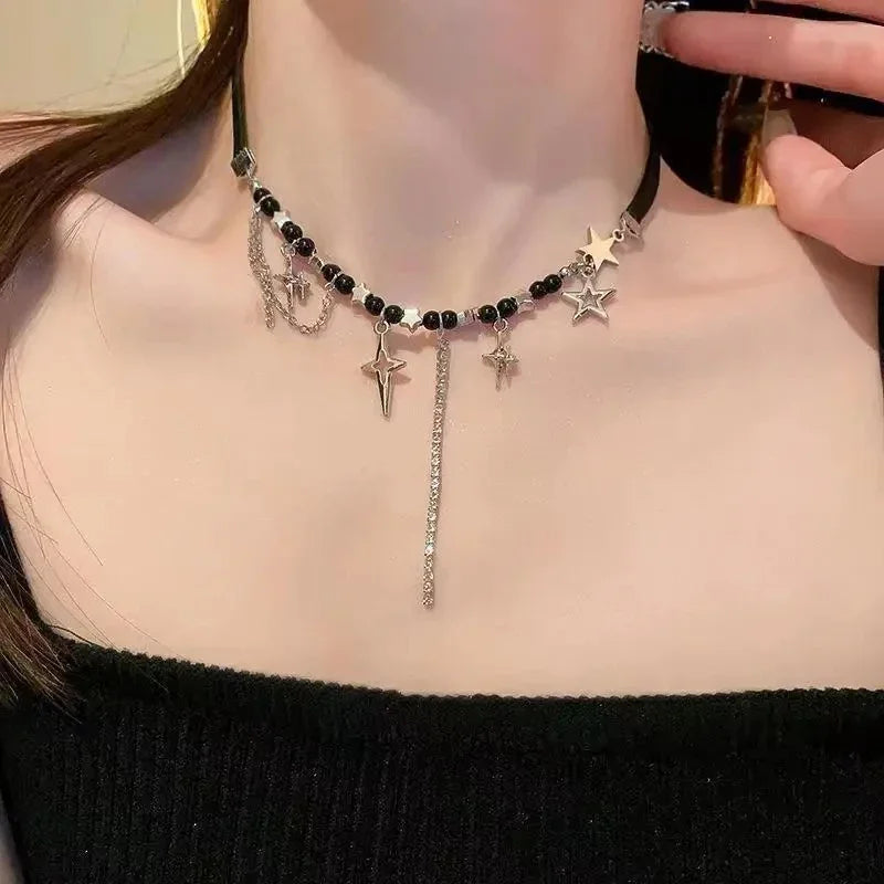 Gothic Black Peach Heart Star Pendant Necklace For Women Men Sliver Color Love Short Choker Punk Y2K Charms Jewelry Accessories