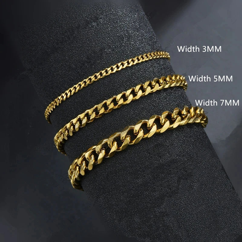 2024 New Trendy Cuban Chain Men Bracelet Classic Stainless Steel 3/5/7mm Width Chain Bracelet For Men Women Jewelry Gift