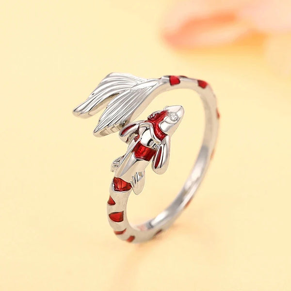 Huitan Creative Red Koi Design Opening Rings for Women Handmade Fish Rings Daily Wear Dance Party Chic Accessories Girls Jewelry