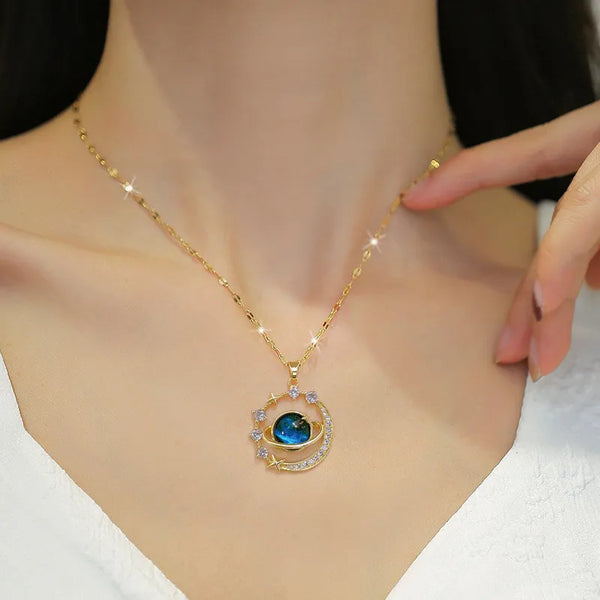 Luxury Inlaid Zircon Planet Moon Pendant Necklace For Women Titanium Steel Butterfly Water Drop Clavicle Chain Charm Jewelry