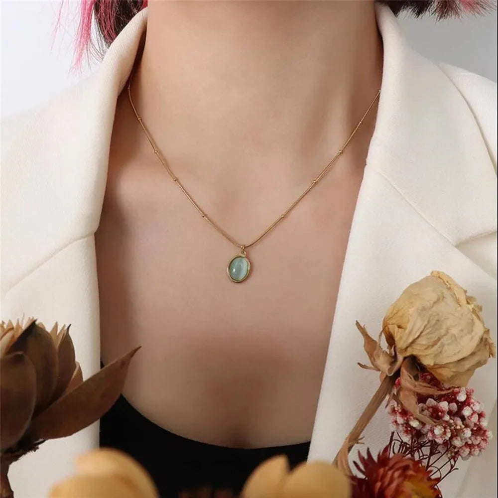 Pink Green Blue Opal Oval Pendant Necklace Elegant Snake Chain Choker Stainless Steel Necklace For Women Jewelry BFF