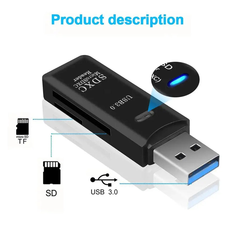 Multi Functional 2-in-1 High-speed USB 3.0/2.0 Card Reader Supports TF+SD Computer, Tablet Camera, Laptop, Car Mounted