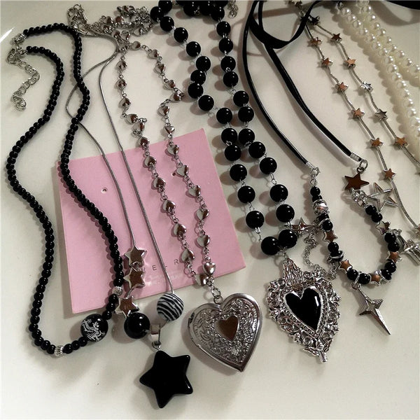 Gothic Black Peach Heart Star Pendant Necklace For Women Men Sliver Color Love Short Choker Punk Y2K Charms Jewelry Accessories