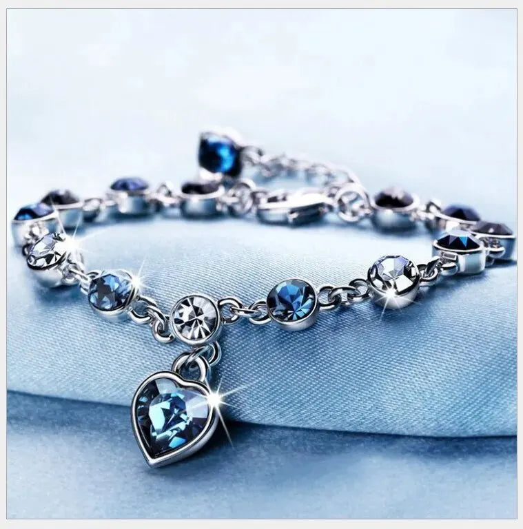 Women Silver Color Lucky Bracelet Female Blue Crystal Heart Charm Pulseras Bracelet Bridal Wedding Engagement Fine Jewelry Gift