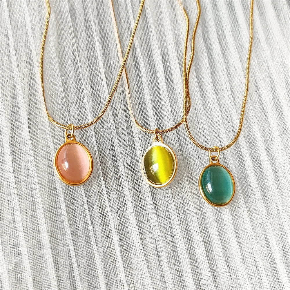 Pink Green Blue Opal Oval Pendant Necklace Elegant Snake Chain Choker Stainless Steel Necklace For Women Jewelry BFF