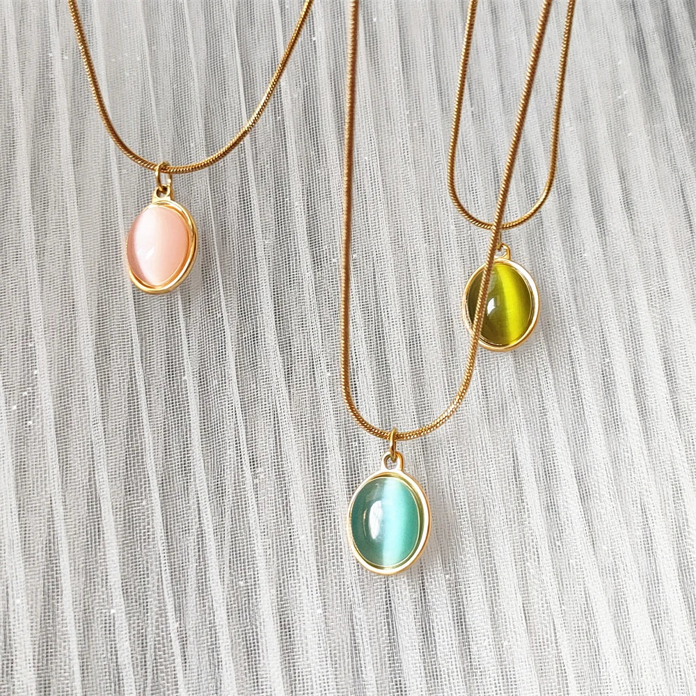 Pink Green Blue Opal Oval Pendant Necklace Elegant Snake Chain Choker Stainless Steel Necklace For Women Jewelry BFF