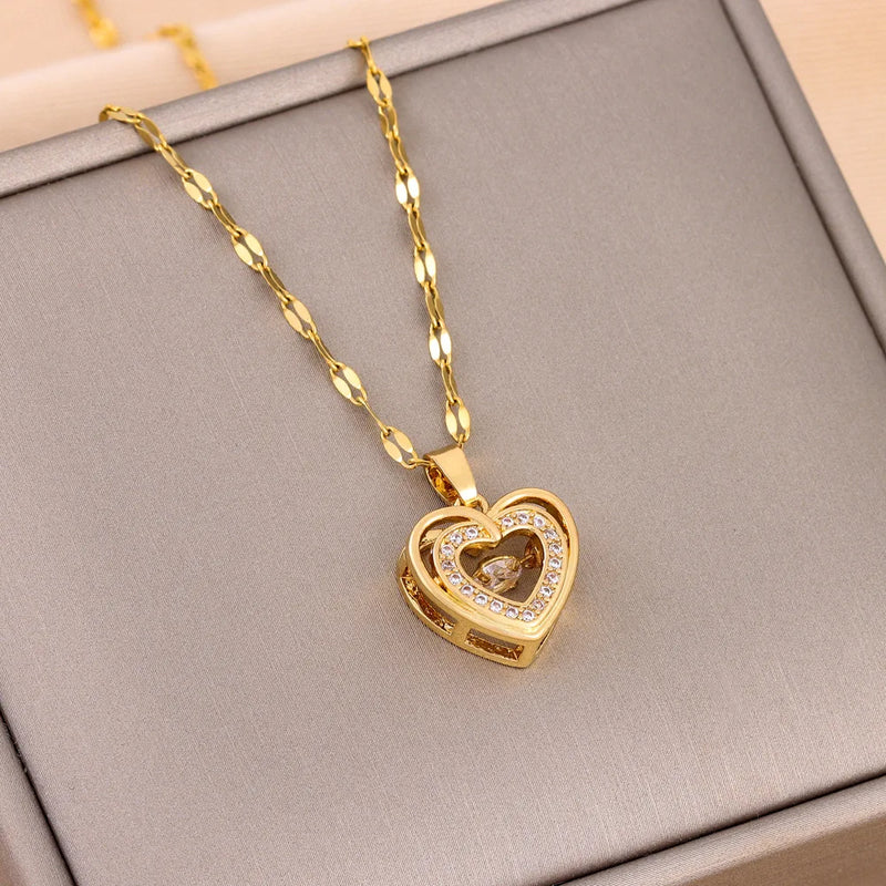 ZAKOL Classic Gold Color Stainless Steel Necklace For Women Shiny Zircon Geometric Heart Pendant Necklaces Jewelry Gift