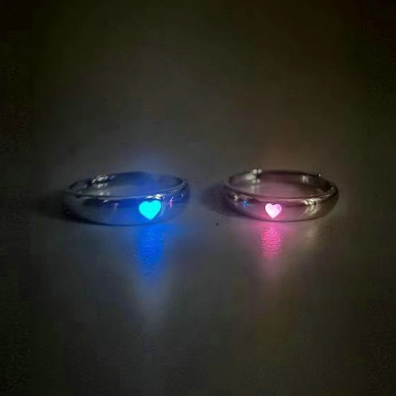 Luminous Blue Pink Light Heart Ring for Women Men Couple Fluorescent Glow In Dark Adjustable Finger Rings Fashion Jewelry Gifts