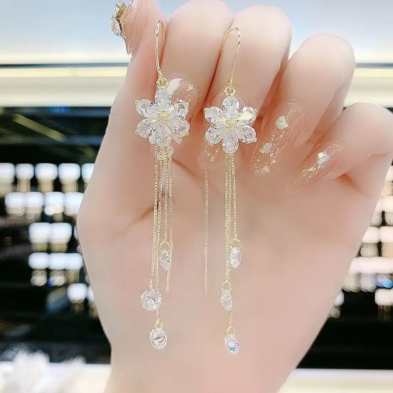 Luxury Crystal Flower Tassel Drop Earrings for Women Shiny Zircon Opal Long Dangle Earrings Girls Party Wedding Jewelry Gift