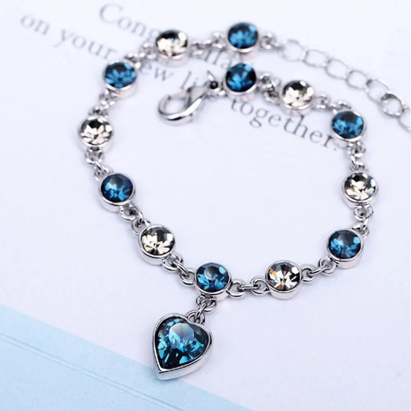 Women Silver Color Lucky Bracelet Female Blue Crystal Heart Charm Pulseras Bracelet Bridal Wedding Engagement Fine Jewelry Gift