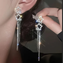 New Simple Stars Tassel Earrings for Women Korean Charm Delicate Shiny Rhinestone Drop Earring 2023 Fashion Wedding Gift Jewelry