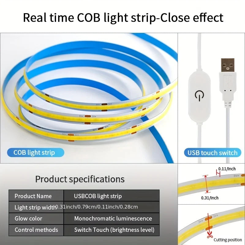 COB LED Lights Strip Touch Sensor Dimmable 5V USB RA90 Christmas DIY TV Mirror Backlight Flexible Ribbon Tape Room Decoration