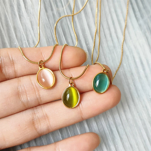 Pink Green Blue Opal Oval Pendant Necklace Elegant Snake Chain Choker Stainless Steel Necklace For Women Jewelry BFF