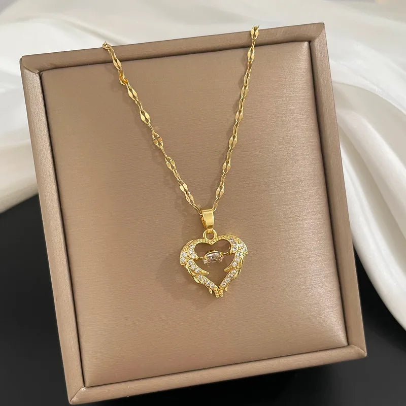 ZAKOL Classic Gold Color Stainless Steel Necklace For Women Shiny Zircon Geometric Heart Pendant Necklaces Jewelry Gift