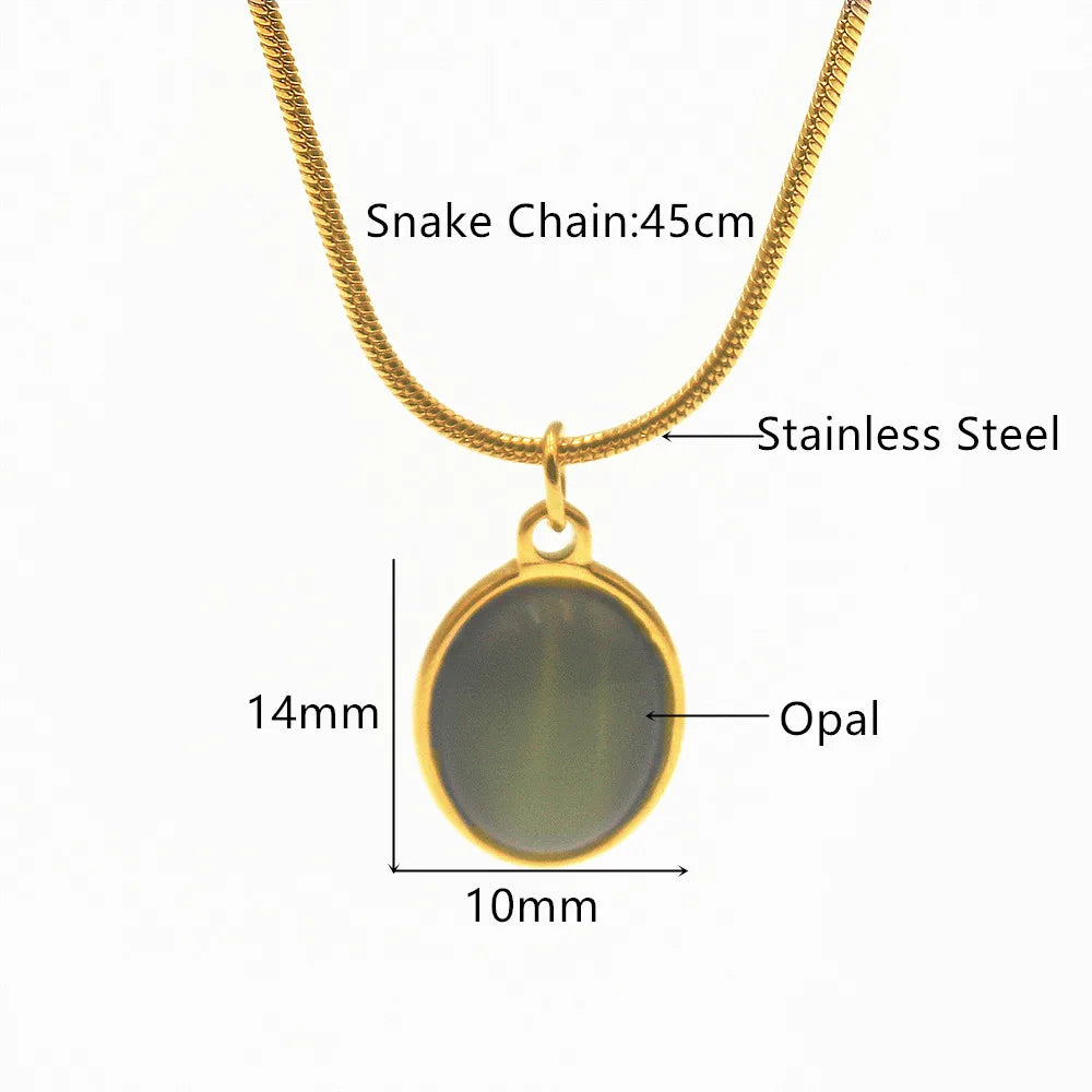 Pink Green Blue Opal Oval Pendant Necklace Elegant Snake Chain Choker Stainless Steel Necklace For Women Jewelry BFF