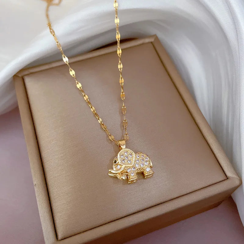 ZAKOL Classic Gold Color Stainless Steel Necklace For Women Shiny Zircon Geometric Heart Pendant Necklaces Jewelry Gift