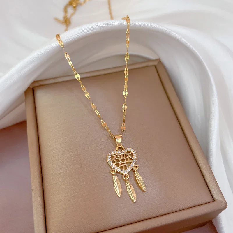 ZAKOL Classic Gold Color Stainless Steel Necklace For Women Shiny Zircon Geometric Heart Pendant Necklaces Jewelry Gift